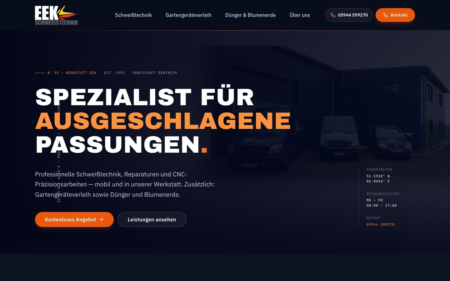 Screenshot der Website eek-schweisstechnik.de auf einem Desktop-Browser